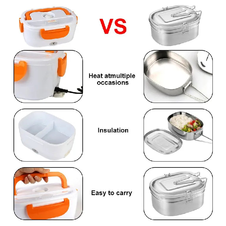 Portable Electric Car Heater Lunch Box with Cable for Car, Stainless Steel, Multi-purpose, Car-Immediate Shipping