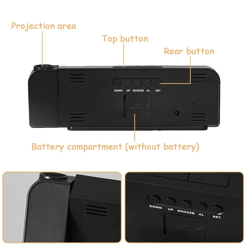 LED de projeção despertador digital, rotação 180 °,modo noturno, memória sem energia, relógio de mesa, quarto, 12h,24h