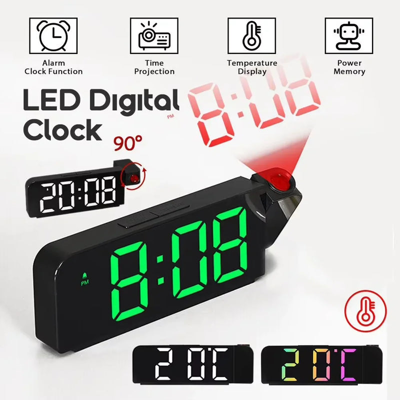 LED de projeção despertador digital, rotação 180 °,modo noturno, memória sem energia, relógio de mesa, quarto, 12h,24h